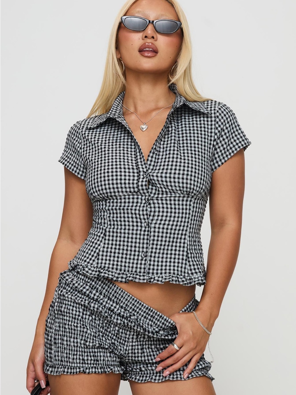 Princess Polly Covey Shirred Puff Sleeve Top Multi black white gingham Size 10